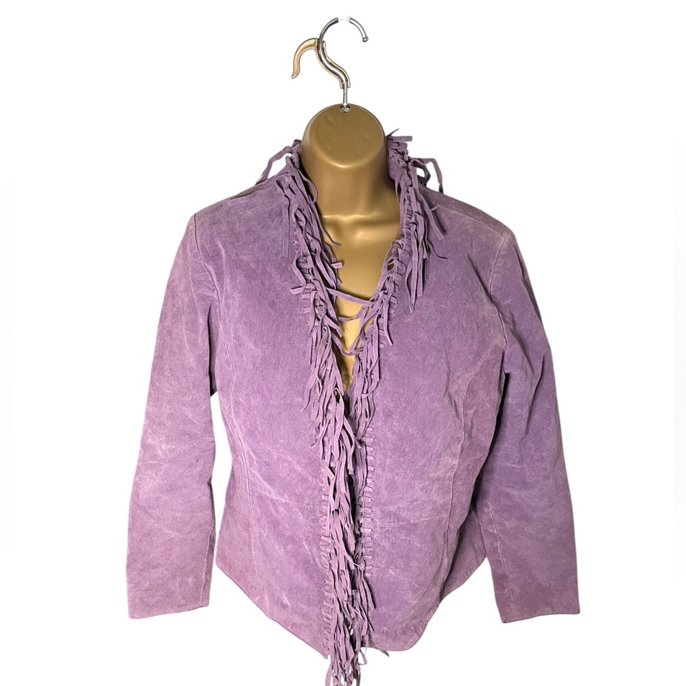Vintage 90s Y2K Dialogue Suede Leather Fringe Open Jacket Purple Small